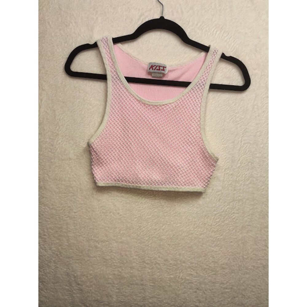 Vintage Kiss Pink Mesh Net Crop Top Tank Small Layered Rave Festival Clubwear